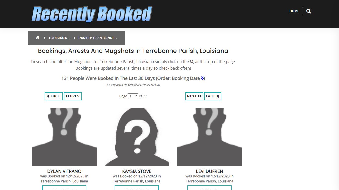 Bookings, Arrests and Mugshots in Terrebonne Parish, Louisiana